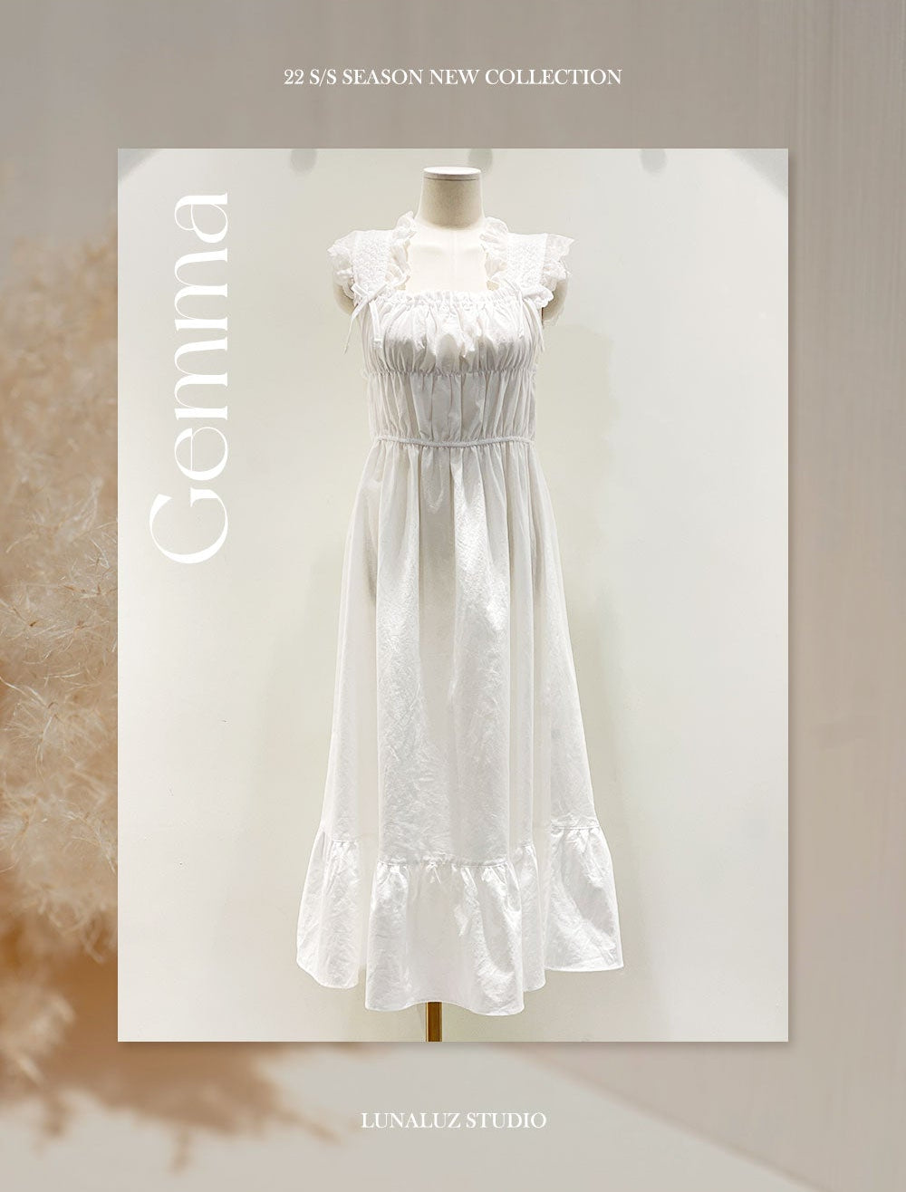 LUNALUZ Gemma Crinkled Cotton Shirred Lounge Dress