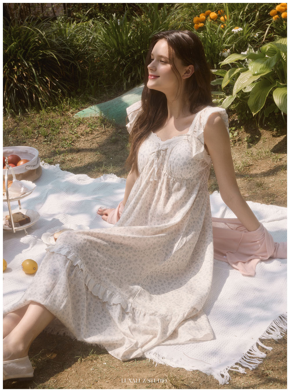 LUNALUZ Mila 100% TENCEL™ Floral Flutter-Sleeve Lounge Dress