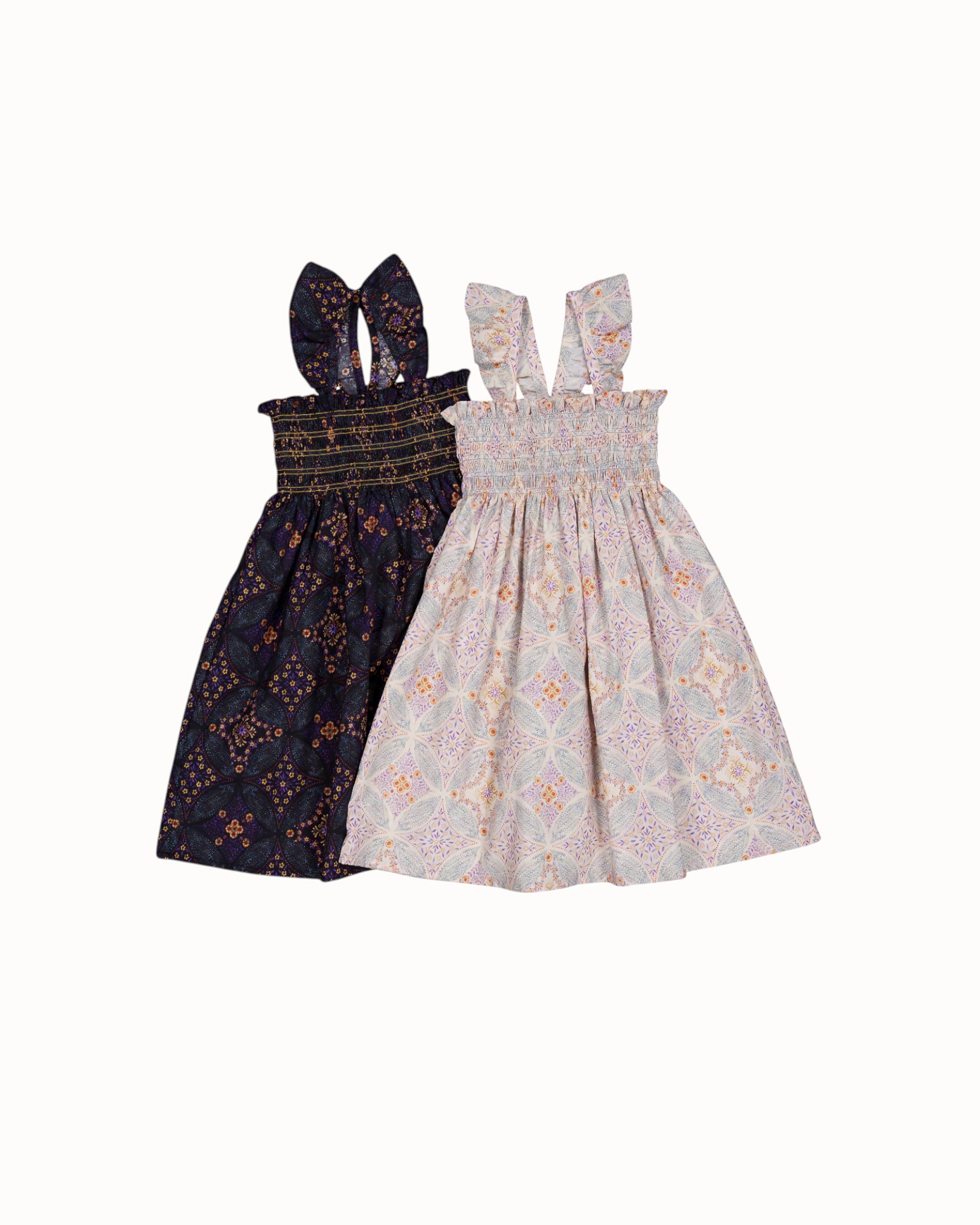 LENUA Bella 100% Cotton Smocked Maxi Dress -Cream / Navy