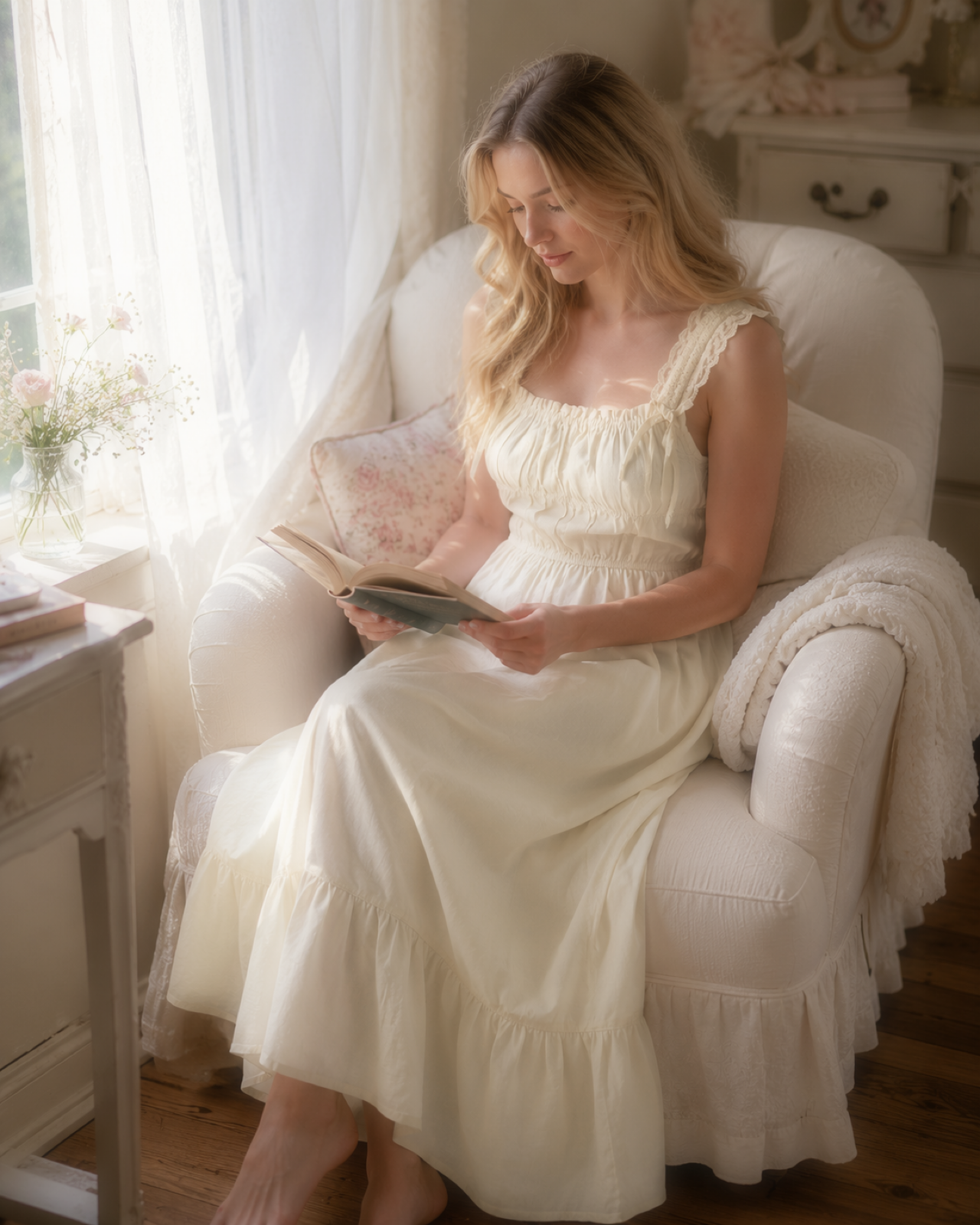 LUNALUZ Gemma Crinkled Cotton Shirred Lounge Dress