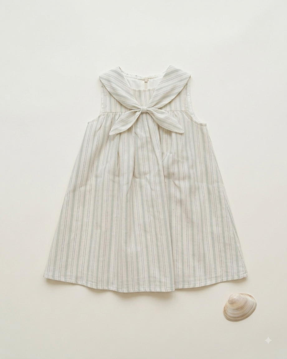 ROSETTE Marina Bow Dress – Yacht Stripe - Sea Mist